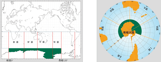 図：南極海での鯨類科学調査の調査水域（緑色のⅢ区～Ⅳ区）