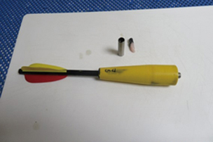 バイオプシー機器と採取した皮膚片の写真