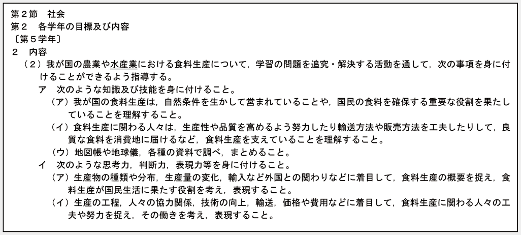 小学校学習指導要領における「水産業」に関する主な記述