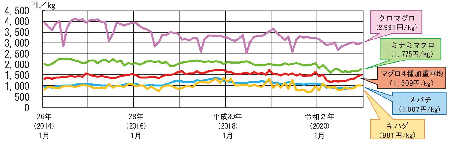 （3）冷凍マグロ4種の消費地市場（東京都）価格の推移