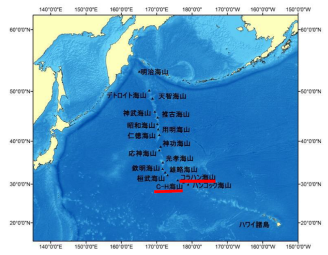 天皇海山海域(赤下線が本年度調査の対象)